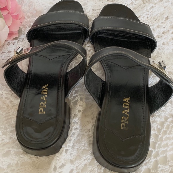 VINTAGE BLACK PRADA SLIP ON SLIDES LEATHER SANDALS WITH SILVER BUCKLE - Picture 3 of 16